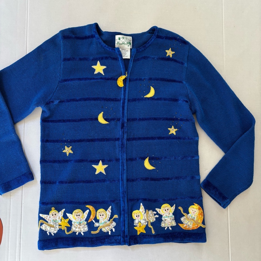 The quacker factory sz small zip up cardigan embroidery beaded angels Christmas